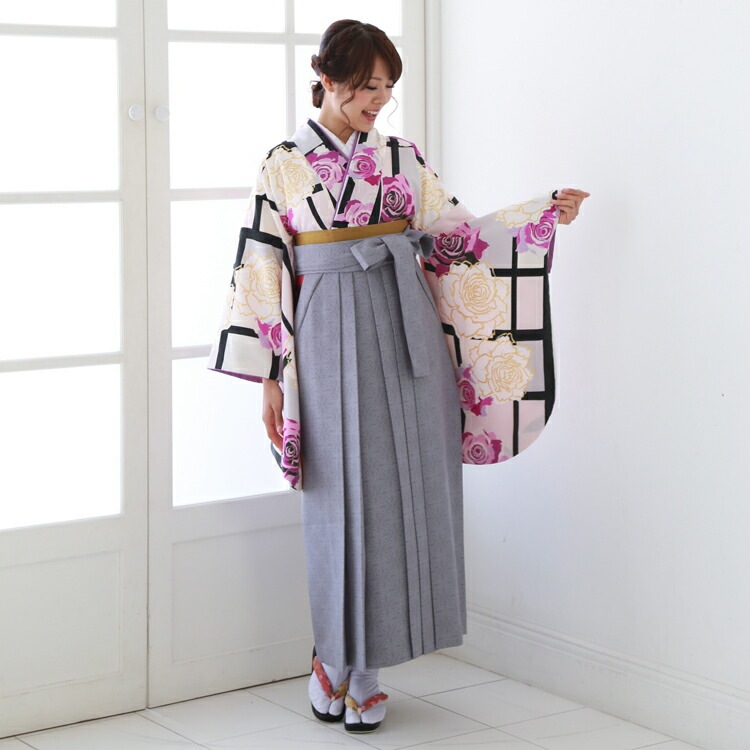 レンタル卒業式 袴 レンタル 女 袴セット 女 卒業式袴セット2尺袖着物＆袴 フルセットレンタル薄ピンククリーム黒格子柄に白とピンクのバラ安い 人気ブランド CECIL McBEE セシルマク