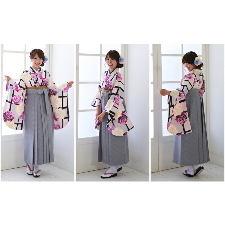 レンタル卒業式 袴 レンタル 女 袴セット 女 卒業式袴セット2尺袖着物＆袴 フルセットレンタル薄ピンククリーム黒格子柄に白とピンクのバラ安い 人気ブランド CECIL McBEE セシルマク