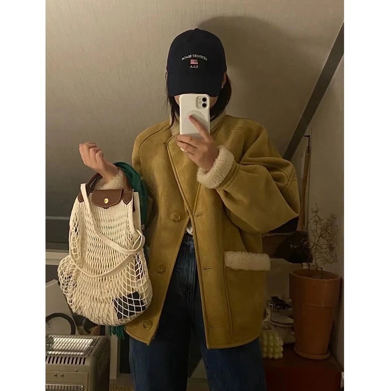 韓国東大門カジュアルルーズスエードジャケット2024冬ラムウールファーワン厚手コート 韓国東大門カジュアルルーズスエードジャケット2024冬ラムウールファーワン厚手コート