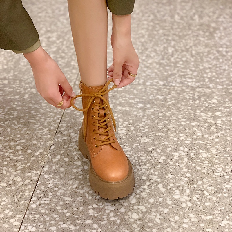 べき乗は本革厚底増高マーチンブーツ女性秋中筒レトロサイドジップ英倫ブラウンショートブーツ