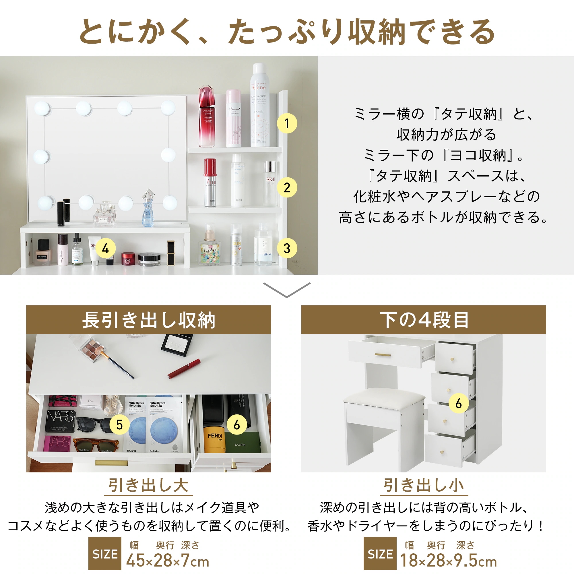 [国内発送]3【WF325701AAA】ドレッサー化粧台 テーブル 鏡台 LEDライト付き スツール付き 引き出し 収納 サイド収納 メイク台 シンプル 大容量 可愛い(原：WF313993AAA/W
