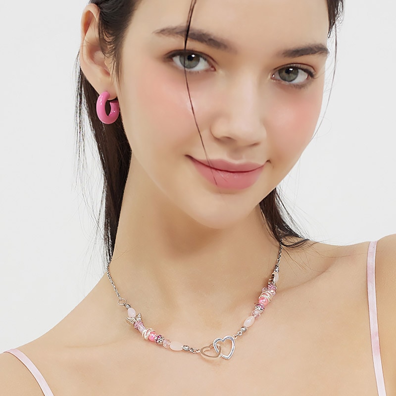 ★Straykids★Highteen Double Heart Pink Beads Chain Necklace Stray Kids 着用】Highteen Double Heart Pink Beads Chain