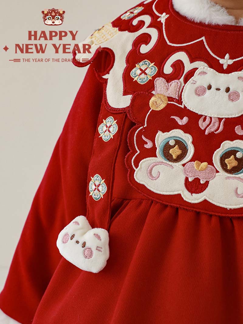 ワンピース究極の選択お正月と刺繍 ワンピース ドレス 辰年 子供 女の子 80cm 新年 節分 アウター キッズ ジュニア 女の子 レッド かわいい 子供ドレス 秋 冬 通園 通学 子供服 猫ぬいぐる