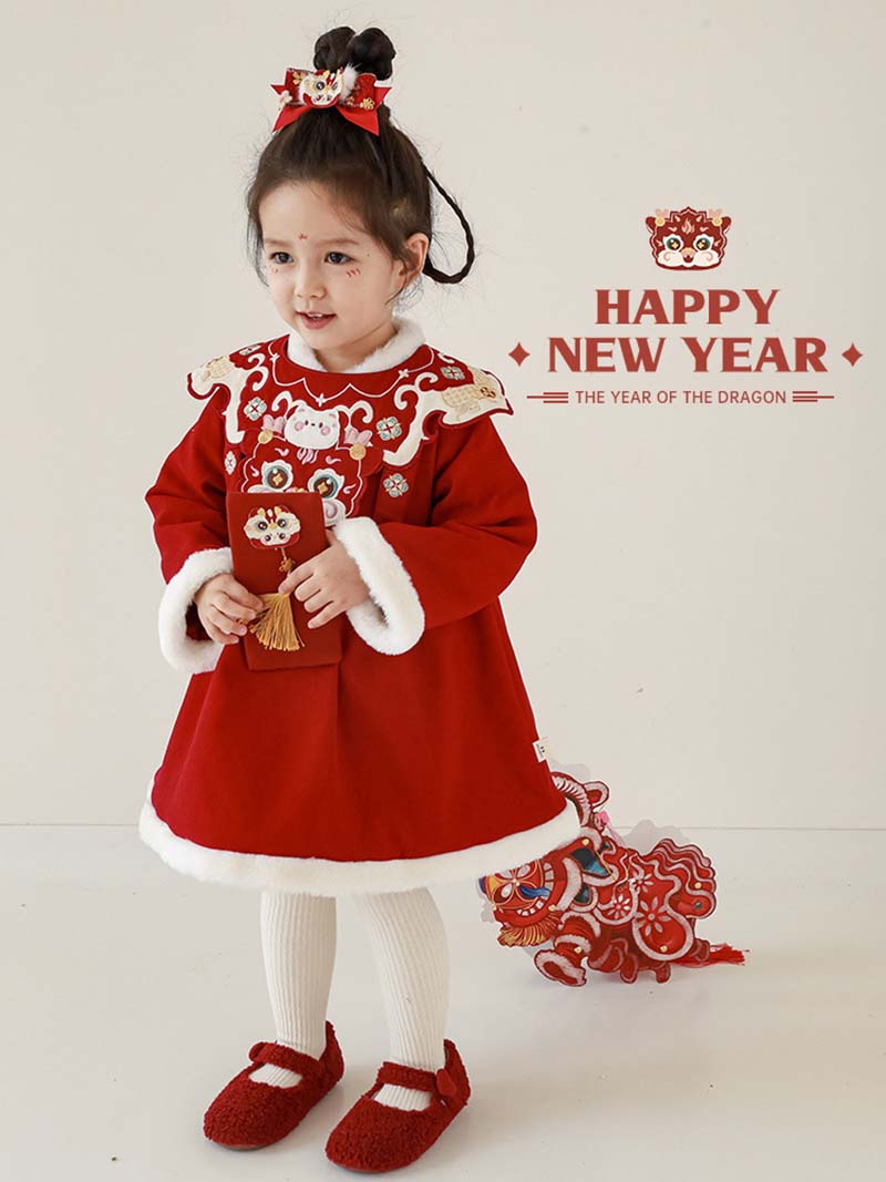 ワンピース究極の選択お正月と刺繍 ワンピース ドレス 辰年 子供 女の子 80cm 新年 節分 アウター キッズ ジュニア 女の子 レッド かわいい 子供ドレス 秋 冬 通園 通学 子供服 猫ぬいぐる