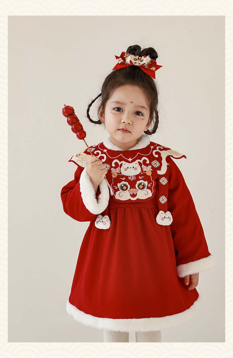 ワンピース究極の選択お正月と刺繍 ワンピース ドレス 辰年 子供 女の子 80cm 新年 節分 アウター キッズ ジュニア 女の子 レッド かわいい 子供ドレス 秋 冬 通園 通学 子供服 猫ぬいぐる