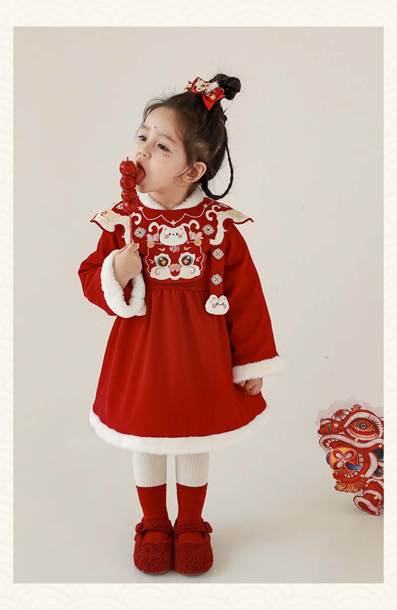 ワンピース究極の選択お正月と刺繍 ワンピース ドレス 辰年 子供 女の子 80cm 新年 節分 アウター キッズ ジュニア 女の子 レッド かわいい 子供ドレス 秋 冬 通園 通学 子供服 猫ぬいぐる