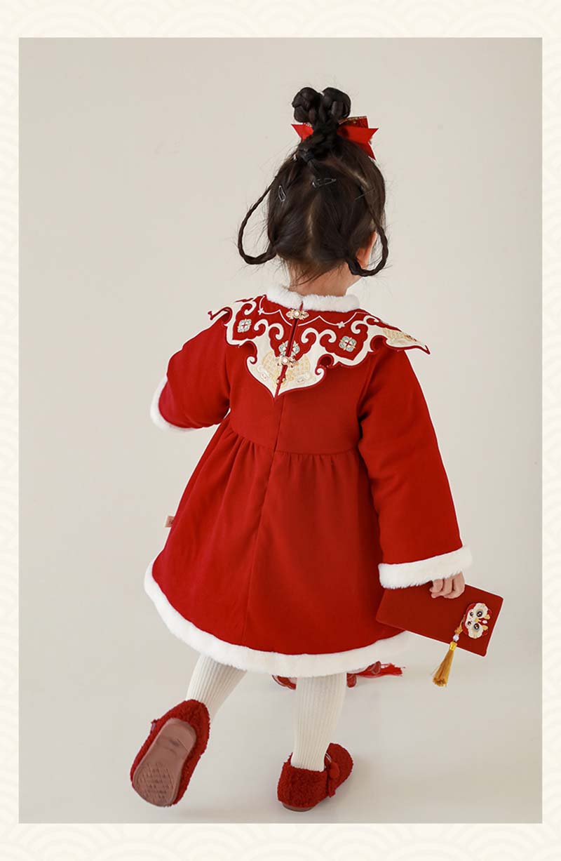 ワンピース究極の選択お正月と刺繍 ワンピース ドレス 辰年 子供 女の子 80cm 新年 節分 アウター キッズ ジュニア 女の子 レッド かわいい 子供ドレス 秋 冬 通園 通学 子供服 猫ぬいぐる