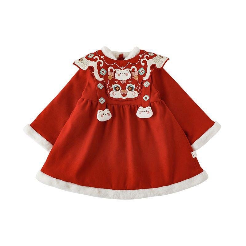 ワンピース究極の選択お正月と刺繍 ワンピース ドレス 辰年 子供 女の子 80cm 新年 節分 アウター キッズ ジュニア 女の子 レッド かわいい 子供ドレス 秋 冬 通園 通学 子供服 猫ぬいぐる
