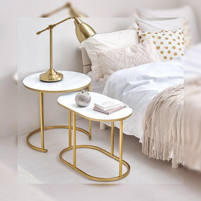 大理石調 ネストテーブル 2点セット 円形+楕円 ゴールドフレーム