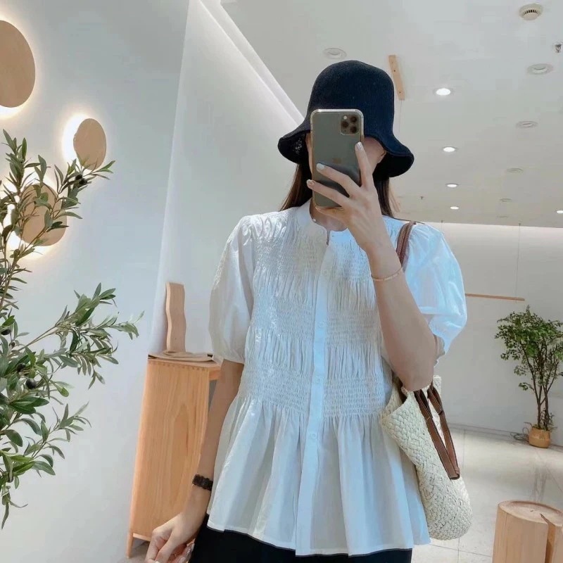 THOM WILLS ウエストダック ボリューム袖 ブラウス バンドカラー ギャザー レディース トップス 半袖 春夏 シンプル ナチュラル フェミニン ガーリー きれいめ おしゃれ カジュアル レデ