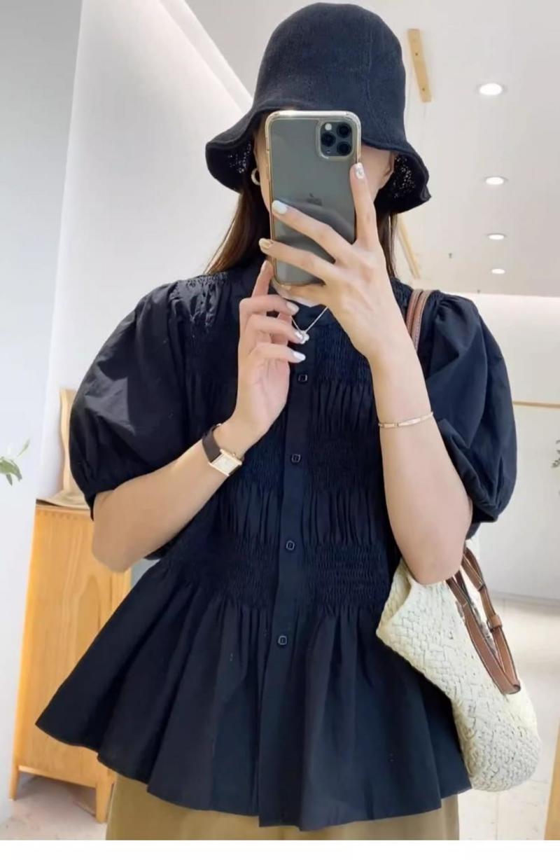 THOM WILLS ウエストダック ボリューム袖 ブラウス バンドカラー ギャザー レディース トップス 半袖 春夏 シンプル ナチュラル フェミニン ガーリー きれいめ おしゃれ カジュアル レデ