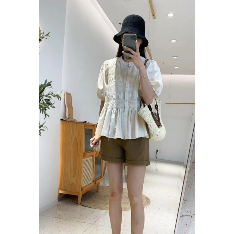 THOM WILLS ウエストダック ボリューム袖 ブラウス バンドカラー ギャザー レディース トップス 半袖 春夏 シンプル ナチュラル フェミニン ガーリー きれいめ おしゃれ カジュアル レデ