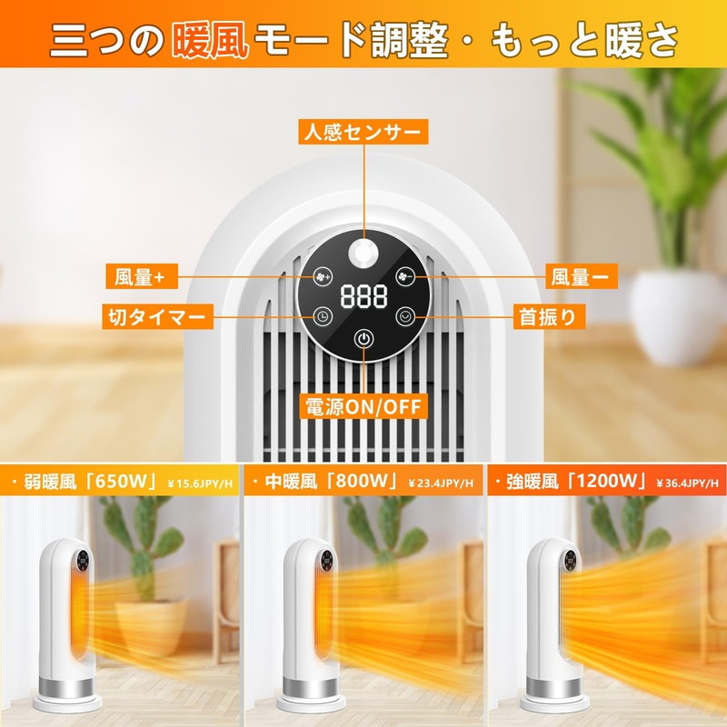2023最新進化セラミックヒーター 電気ヒーター人感センサー付き 節電対策 首振り 電気ストーブ 即暖 過熱保護 転倒自動OFF 防寒