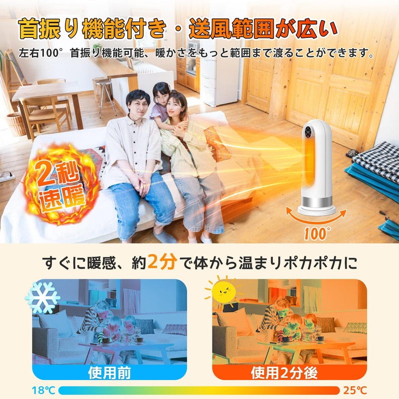 2023最新進化セラミックヒーター 電気ヒーター人感センサー付き 節電対策 首振り 電気ストーブ 即暖 過熱保護 転倒自動OFF 防寒