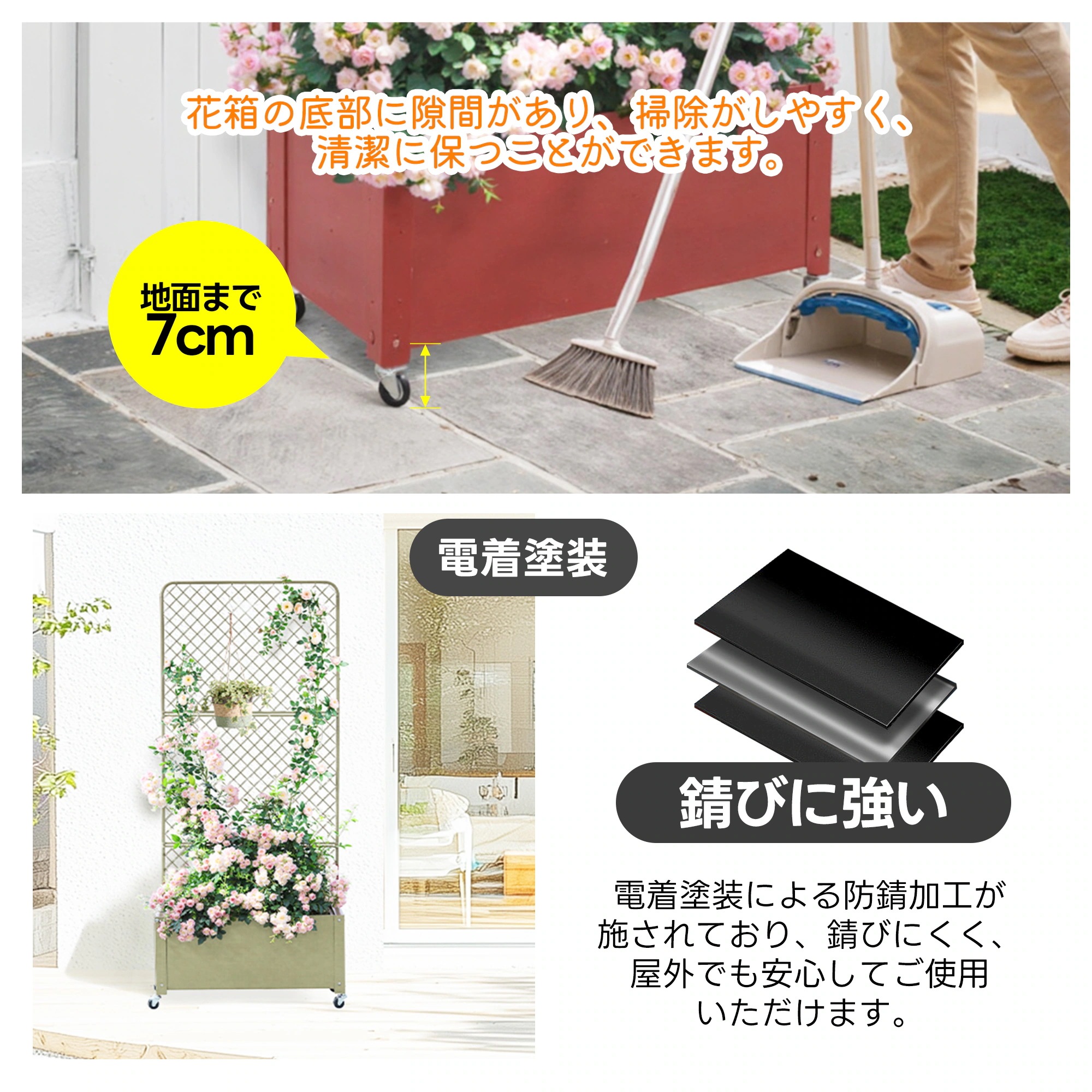 1939フェンス プランター付き 目隠し キャスター付き 簡単設置 電着塗装 L70×W30×H160cm 園芸用品 プランター ガーデンラティス プランターボックス 花壇フェンス ガーデニング 花立