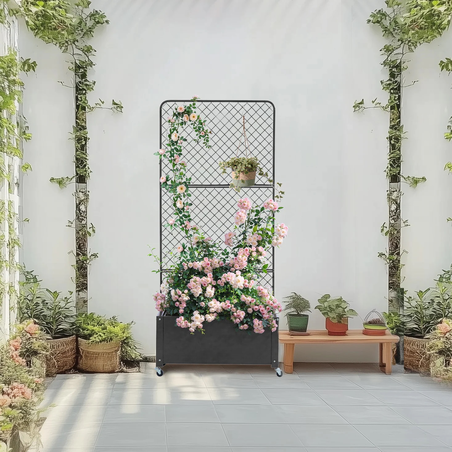 1939フェンス プランター付き 目隠し キャスター付き 簡単設置 電着塗装 L70×W30×H160cm 園芸用品 プランター ガーデンラティス プランターボックス 花壇フェンス ガーデニング 花立
