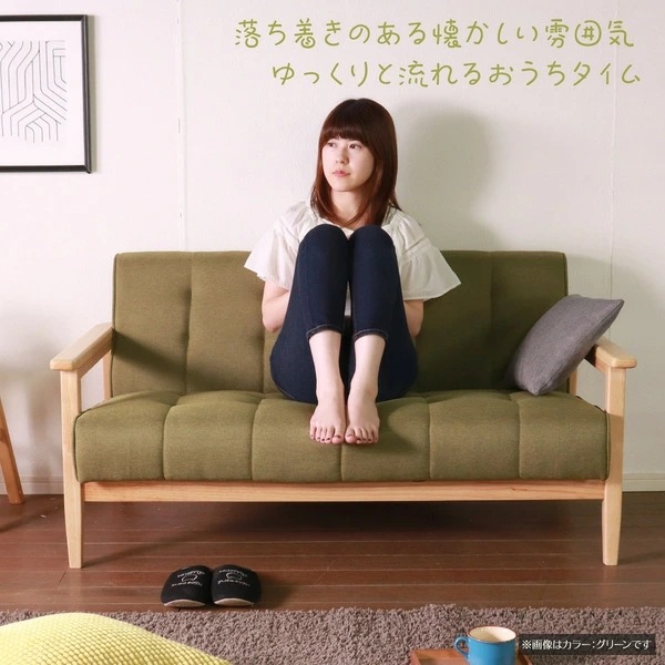 レトロソファ 2人掛け ベージュ 木肘ソファ 脚付き ソファ ソファー おしゃれ 2人用 2P 組立品