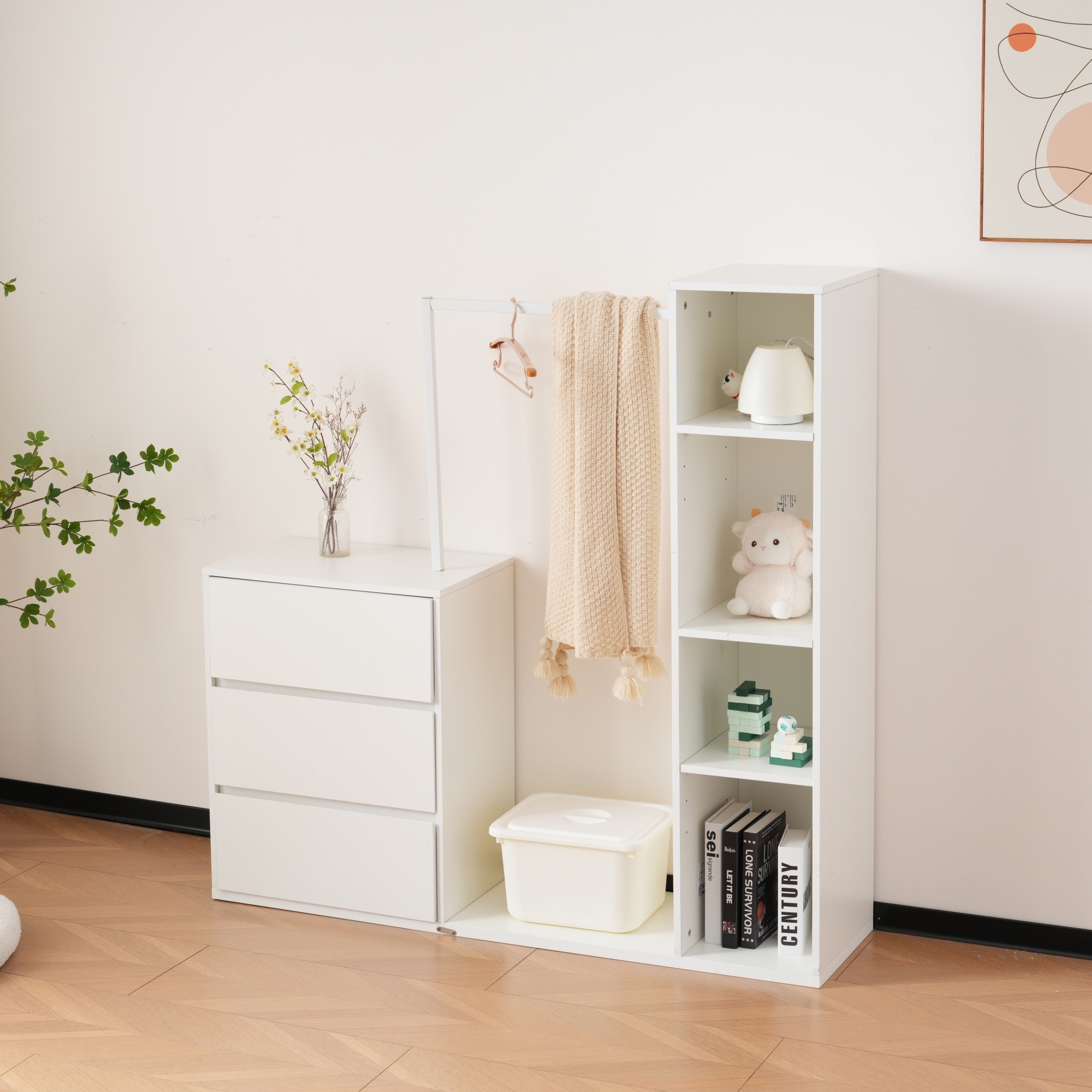 3段キャビネット+幅調整デスク+ ハンガーラック+ラック 化粧台 デスク