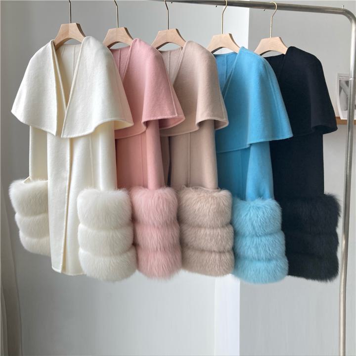 ウールマントコート ウール レイヤード風 フォックスファー ベスト ケープ コート ジャケット アウター 上品 ゴージャス ５カラー レディース