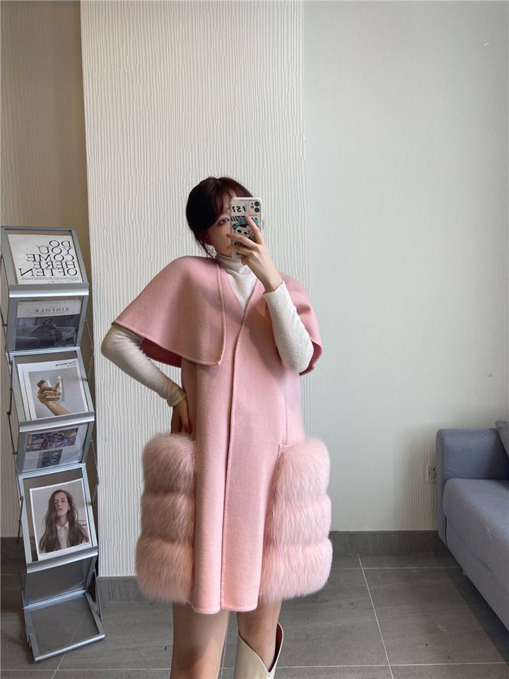 ウールマントコート ウール レイヤード風 フォックスファー ベスト ケープ コート ジャケット アウター 上品 ゴージャス ５カラー レディース