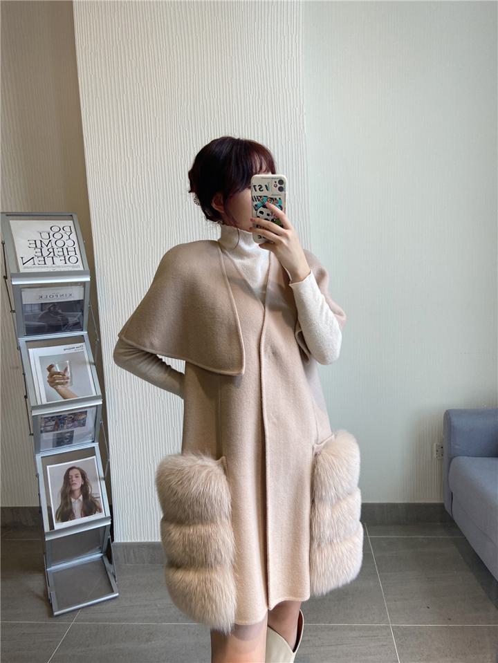 ウールマントコート ウール レイヤード風 フォックスファー ベスト ケープ コート ジャケット アウター 上品 ゴージャス ５カラー レディース