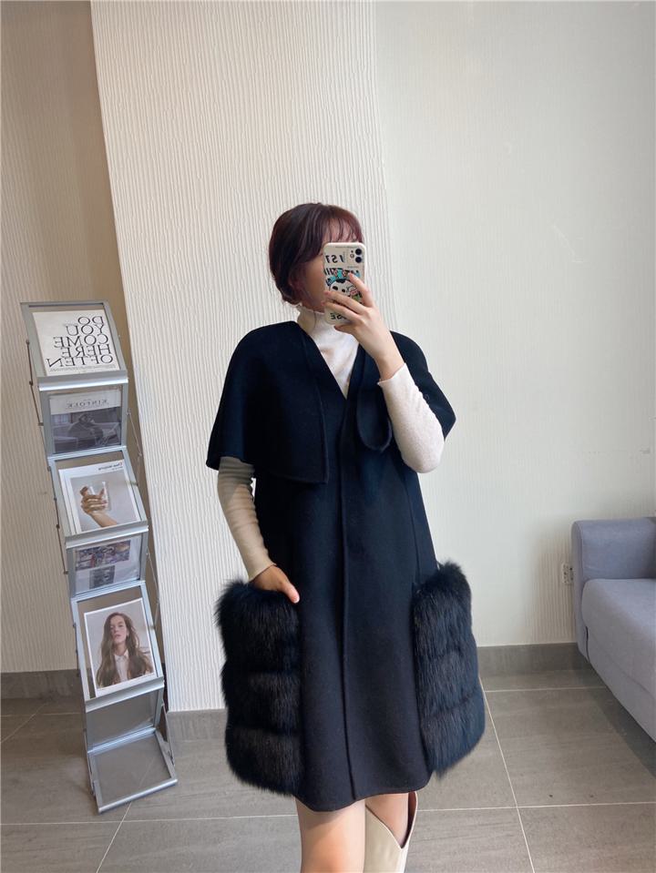 ウールマントコート ウール レイヤード風 フォックスファー ベスト ケープ コート ジャケット アウター 上品 ゴージャス ５カラー レディース