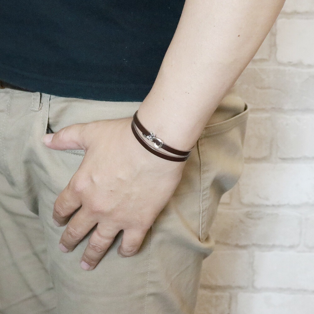 ブレスレット メンズ アラベスク細身レザー シルバー925製 こげ茶色 ダークブラウン 牛革 二重 ブレスレット メンズ アラベスク細身レザー シルバー925製 こげ茶色 ダークブラウン 牛革 二重
