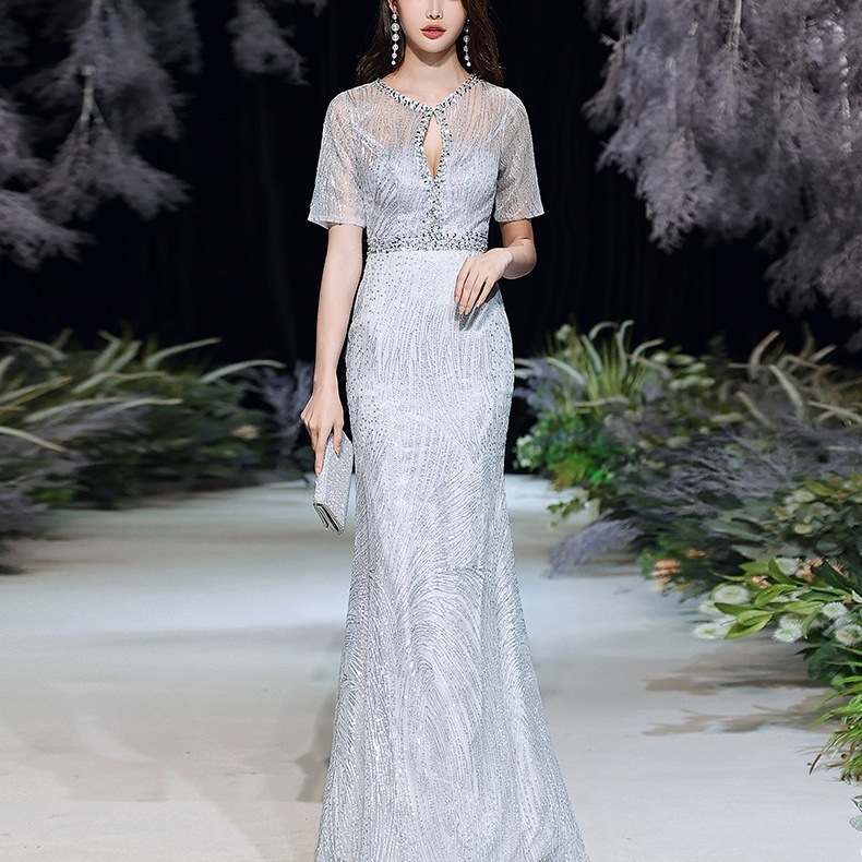 ドレス 衣装 イブニングドレス ロングドレス 半袖 胸元 セミフレア ロング丈 ウエストマーク ビジュー キラキラ マーメイドスカート ステージドレス 発表会 かわいい 大人可愛い きれいめ シンプル