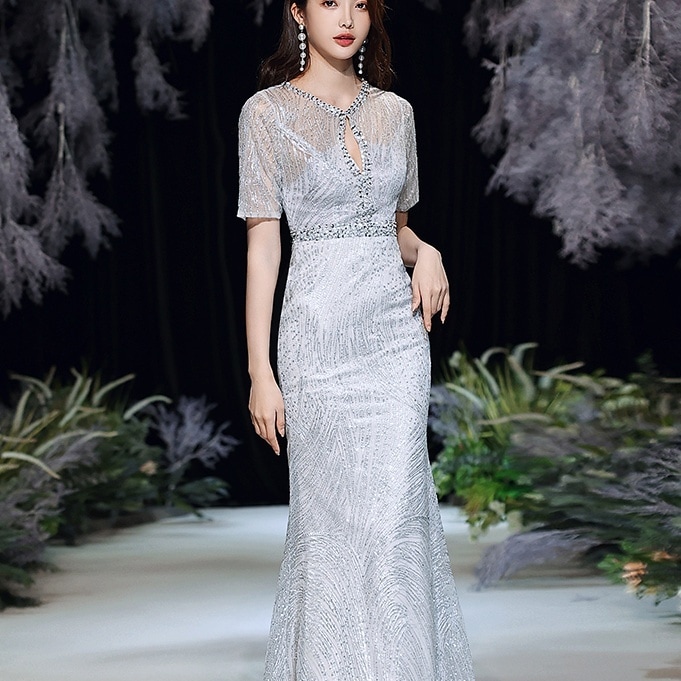 ドレス 衣装 イブニングドレス ロングドレス 半袖 胸元 セミフレア ロング丈 ウエストマーク ビジュー キラキラ マーメイドスカート ステージドレス 発表会 かわいい 大人可愛い きれいめ シンプル