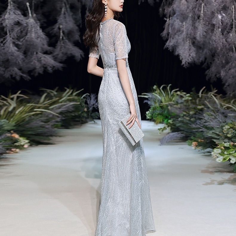 ドレス 衣装 イブニングドレス ロングドレス 半袖 胸元 セミフレア ロング丈 ウエストマーク ビジュー キラキラ マーメイドスカート ステージドレス 発表会 かわいい 大人可愛い きれいめ シンプル