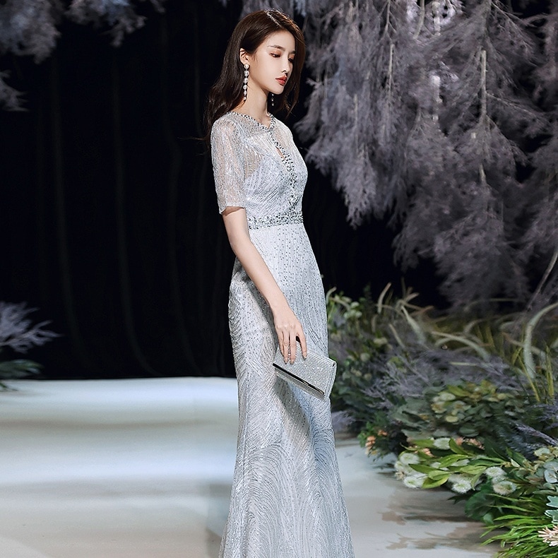 ドレス 衣装 イブニングドレス ロングドレス 半袖 胸元 セミフレア ロング丈 ウエストマーク ビジュー キラキラ マーメイドスカート ステージドレス 発表会 かわいい 大人可愛い きれいめ シンプル