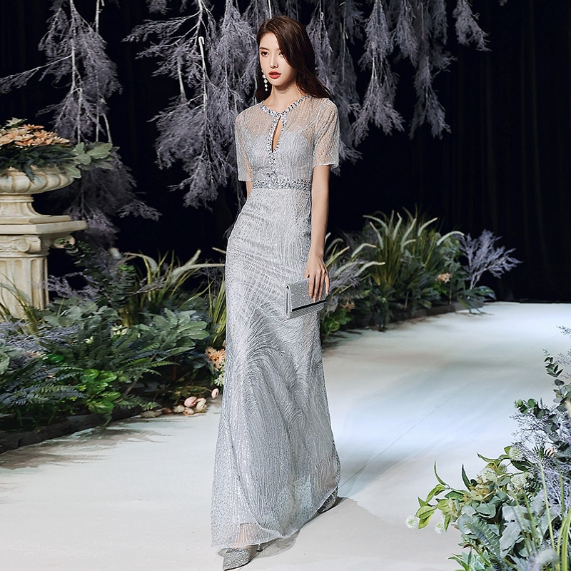 ドレス 衣装 イブニングドレス ロングドレス 半袖 胸元 セミフレア ロング丈 ウエストマーク ビジュー キラキラ マーメイドスカート ステージドレス 発表会 かわいい 大人可愛い きれいめ シンプル