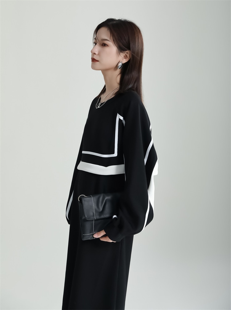 ワンピース Aライン バイカラー フェイクレイヤード 長袖 スウェット ロング モノトーン シンプル カジュアル TKOR0012