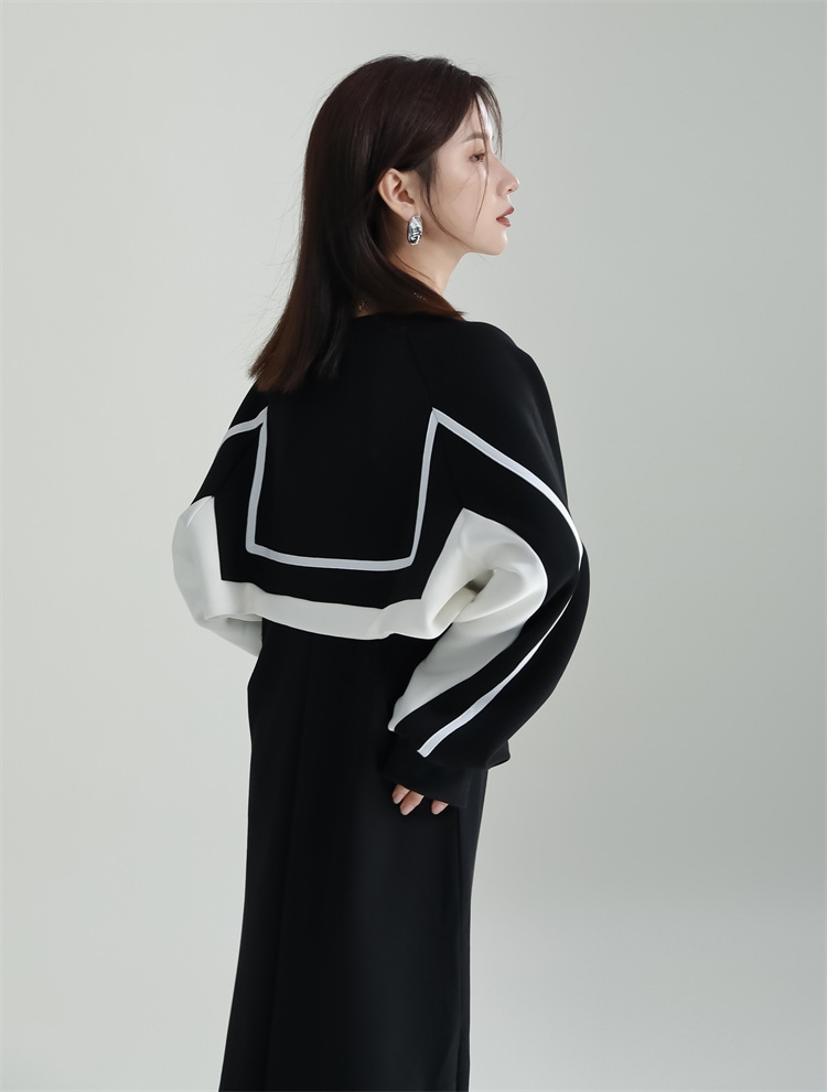 ワンピース Aライン バイカラー フェイクレイヤード 長袖 スウェット ロング モノトーン シンプル カジュアル TKOR0012