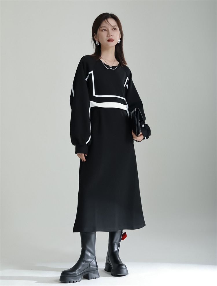 ワンピース Aライン バイカラー フェイクレイヤード 長袖 スウェット ロング モノトーン シンプル カジュアル TKOR0012