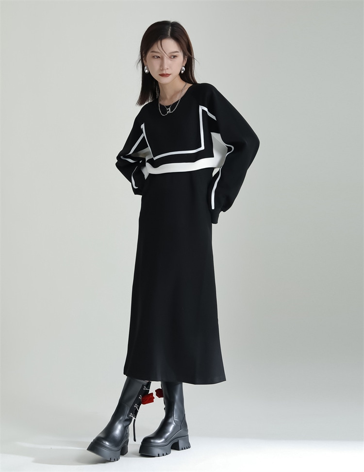 ワンピース Aライン バイカラー フェイクレイヤード 長袖 スウェット ロング モノトーン シンプル カジュアル TKOR0012