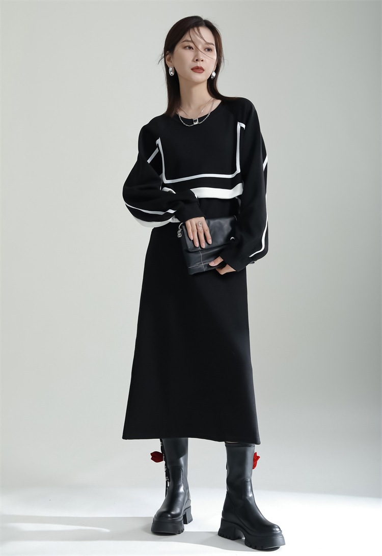 ワンピース Aライン バイカラー フェイクレイヤード 長袖 スウェット ロング モノトーン シンプル カジュアル TKOR0012
