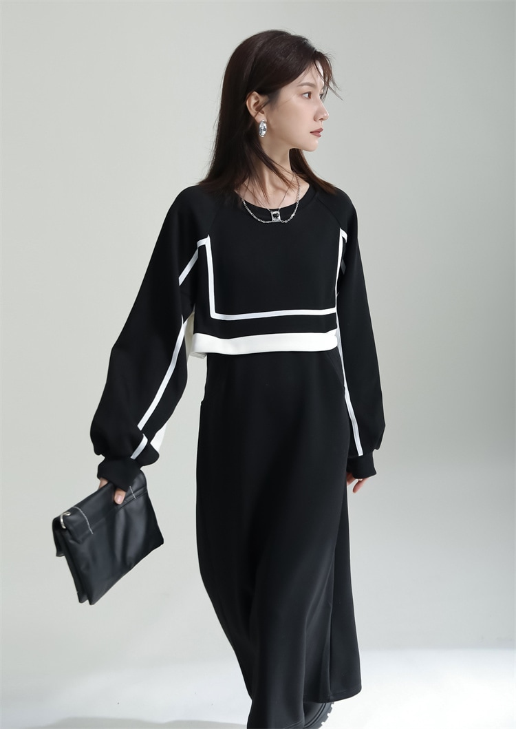 ワンピース Aライン バイカラー フェイクレイヤード 長袖 スウェット ロング モノトーン シンプル カジュアル TKOR0012