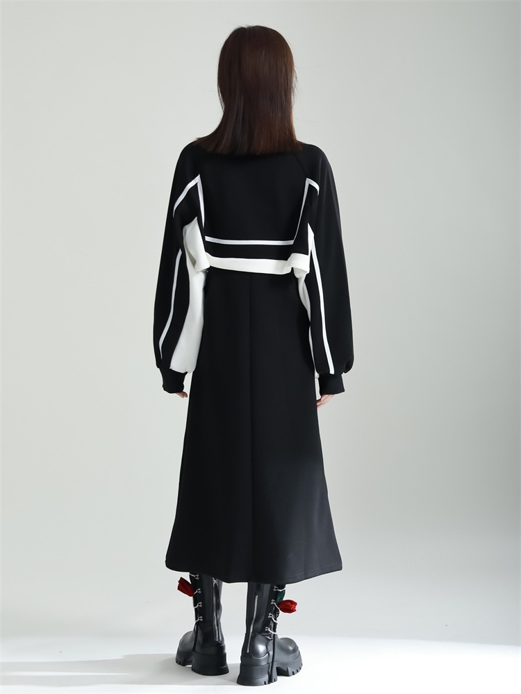 ワンピース Aライン バイカラー フェイクレイヤード 長袖 スウェット ロング モノトーン シンプル カジュアル TKOR0012