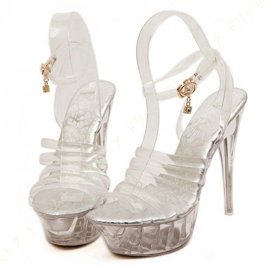 ハイヒール サンダル シルバー ピンヒール レディース キャバ 嬢 ヒール ハイヒール ストラップ サンダル クリアヒール レディース シューズ 靴 大人-24