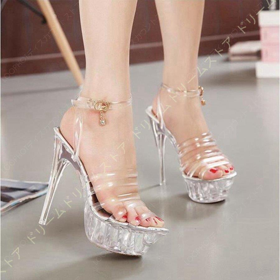 ハイヒール サンダル シルバー ピンヒール レディース キャバ 嬢 ヒール ハイヒール ストラップ サンダル クリアヒール レディース シューズ 靴 大人-24
