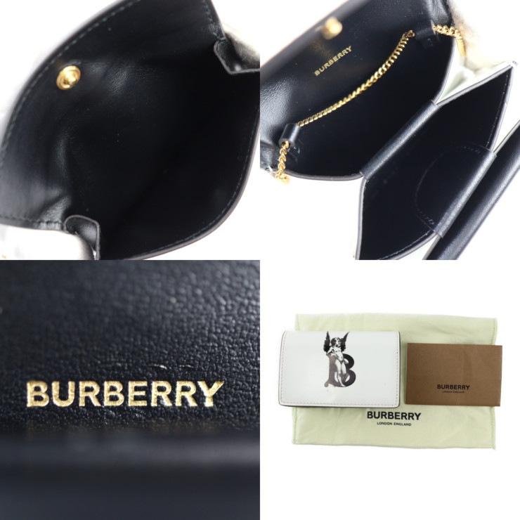 超美品 BURBERRY バーバリー カードケース - チェーンウォレット コインケース レザー ホワイト ブラック ゴールド金具 名刺入れ 小銭入れ エンジェル 天使【本物保証】