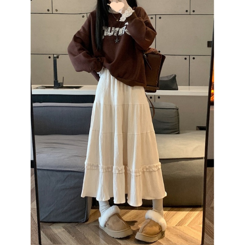 【1つ買うと10つ無料】秋と冬のコーデュロイアプリコットスカートミッドレングスケーキスカートのハイウエストスリムスカート