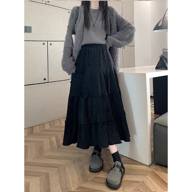 【1つ買うと10つ無料】秋と冬のコーデュロイアプリコットスカートミッドレングスケーキスカートのハイウエストスリムスカート