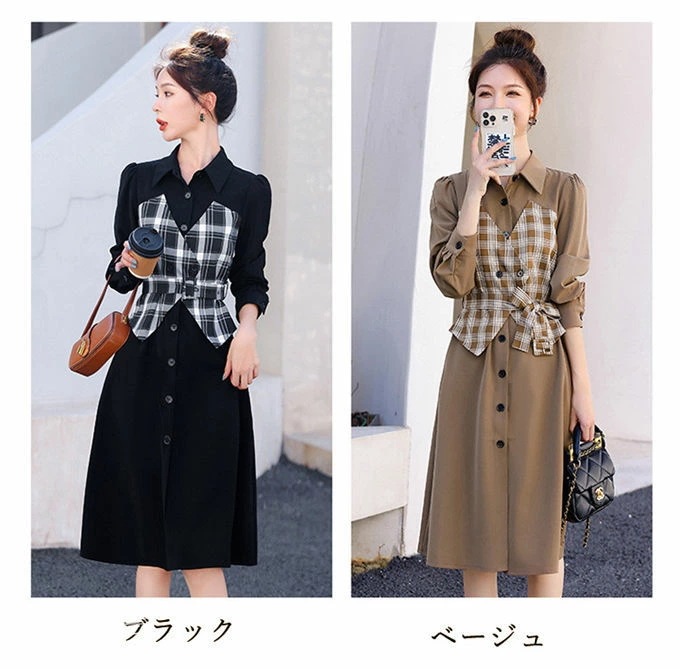 シャツワンピース レディース 長袖ワンピース トレンチ風シャツワンピース レイヤード ロングワンピース シャツワンピ ゆったり 着痩せ おしゃれ カジュアル 秋物 冬 新作 送料無料