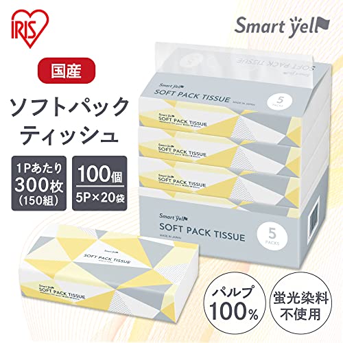 【20個セット】アイリスプラザ ティッシュ ソフトパック 日本製 300枚(150組)×100パック スマートエール