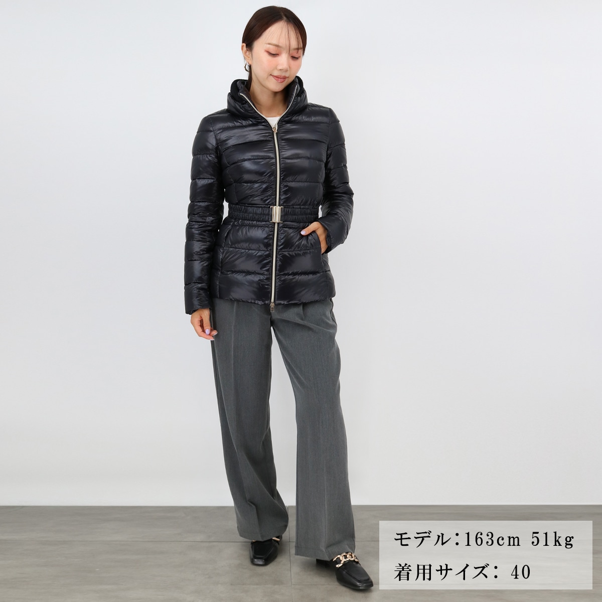 PI0485DIC-M03 CLAUDIA ベルト付きダウンジャケット ダウンコート ミディアム 首元ニット BLACK レディース アウター スタンドネック