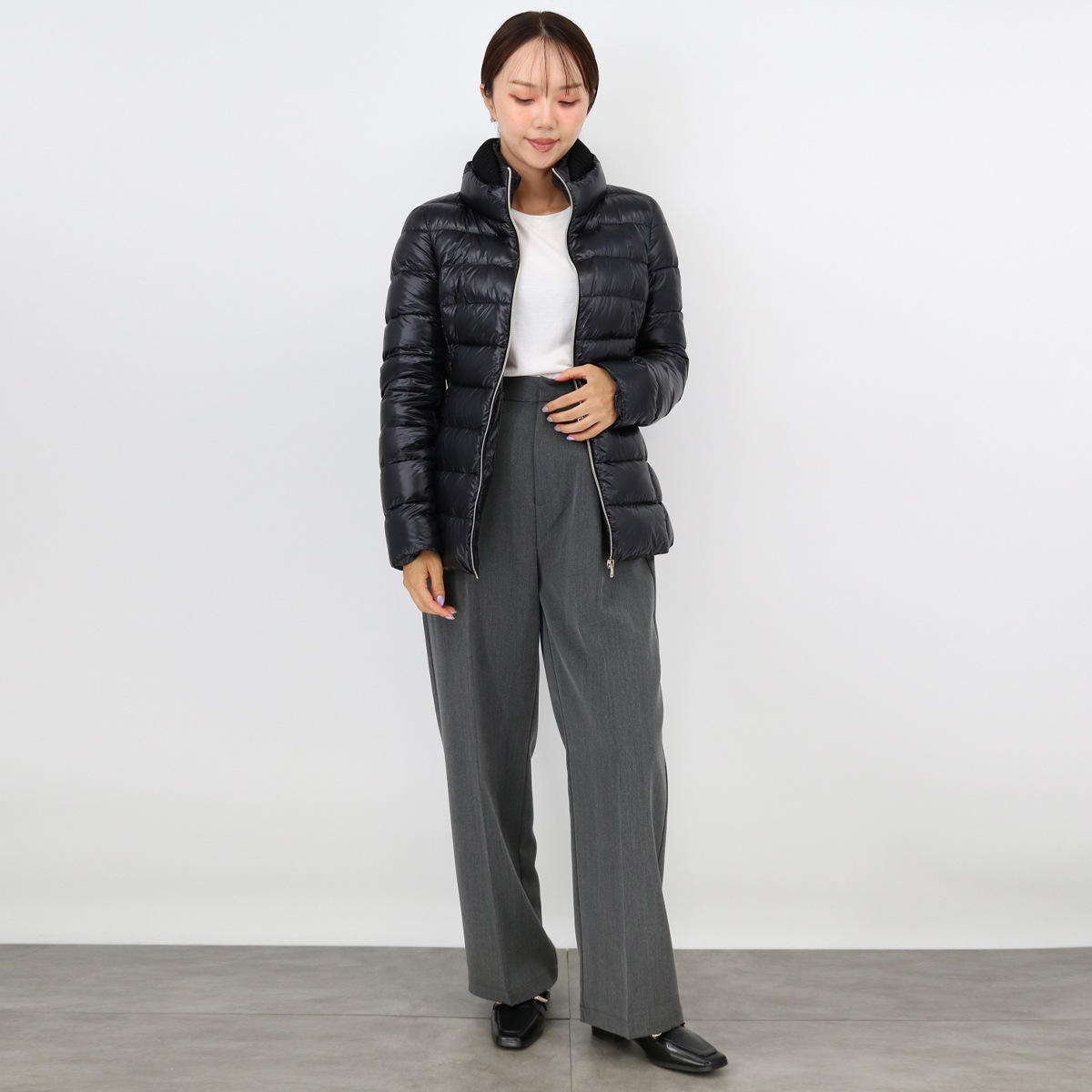 PI0485DIC-M03 CLAUDIA ベルト付きダウンジャケット ダウンコート ミディアム 首元ニット BLACK レディース アウター スタンドネック