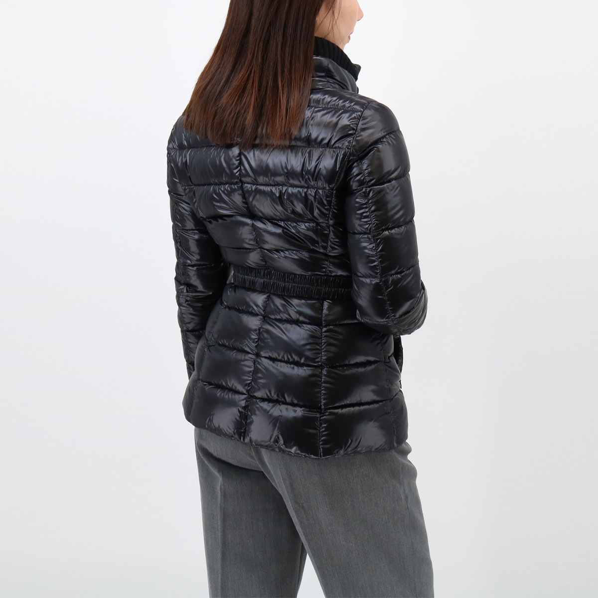 PI0485DIC-M03 CLAUDIA ベルト付きダウンジャケット ダウンコート ミディアム 首元ニット BLACK レディース アウター スタンドネック