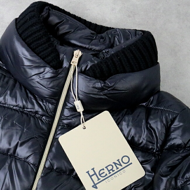 PI0485DIC-M03 CLAUDIA ベルト付きダウンジャケット ダウンコート ミディアム 首元ニット BLACK レディース アウター スタンドネック